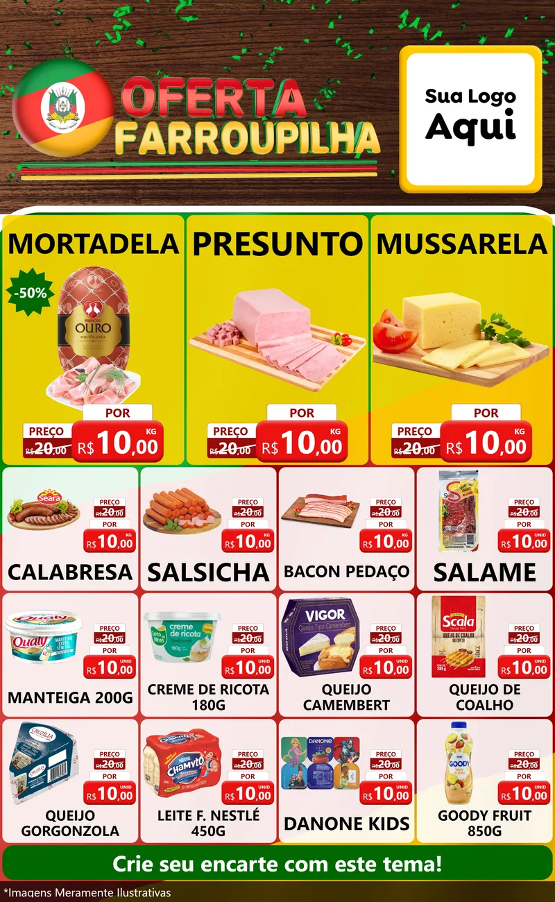 Modelo de Encarte para Encarte Grande com o tema Oferta Farroupilha para Frios e Laticínios