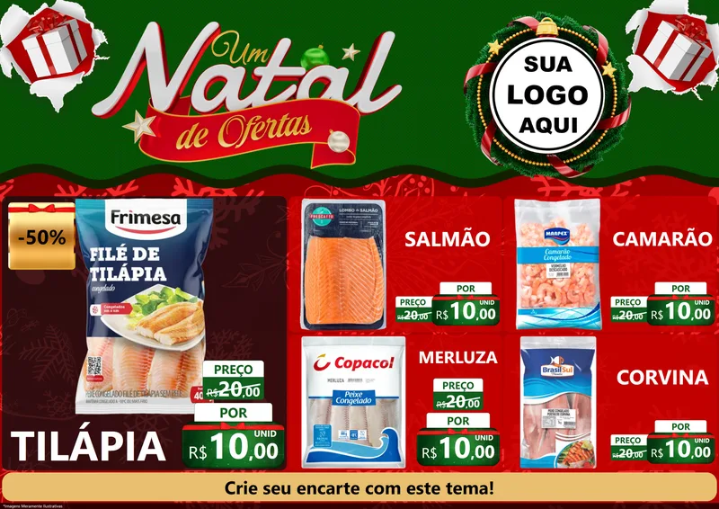 Modelo de Encarte para Encarte A4 Horizontal com o tema Um Natal de Ofertas para Peixaria