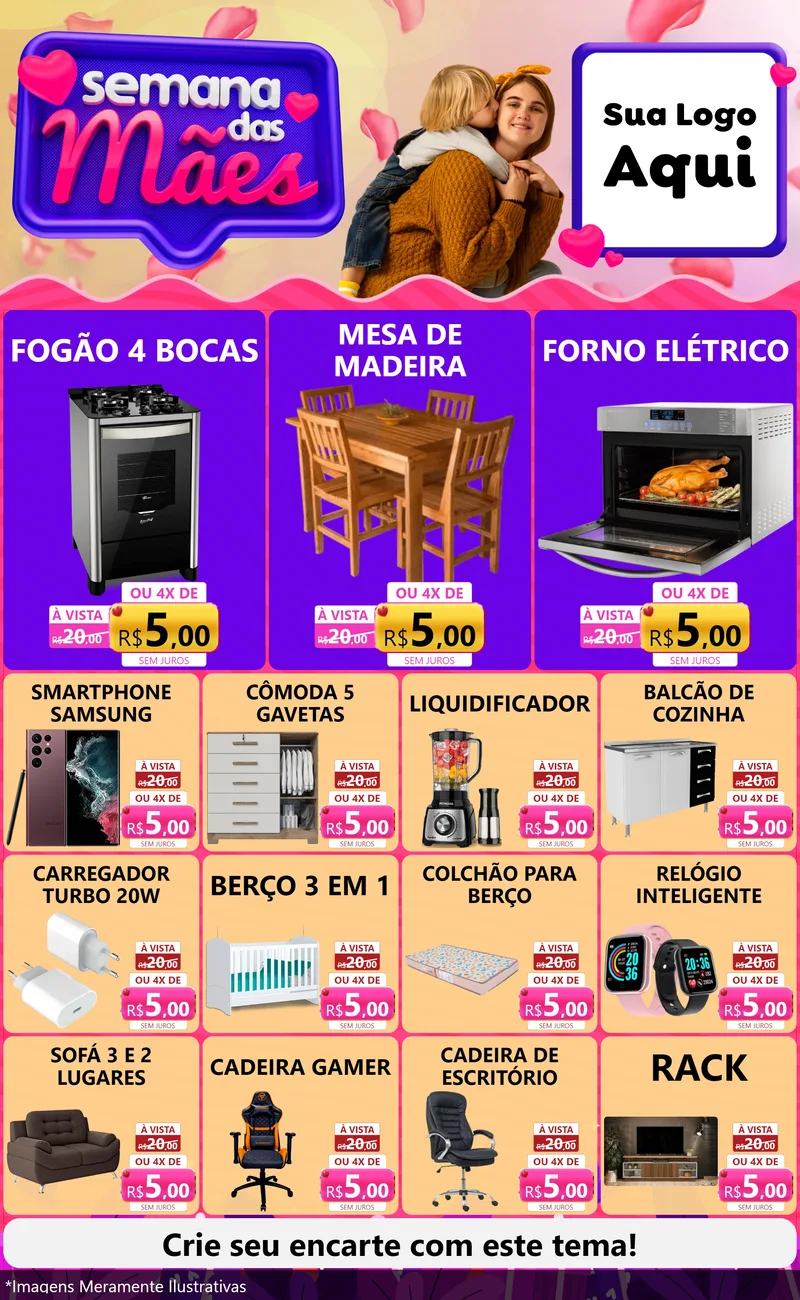 Modelo de Encarte para Encarte Grande com o tema Semana das Mães para Móveis e Eletro