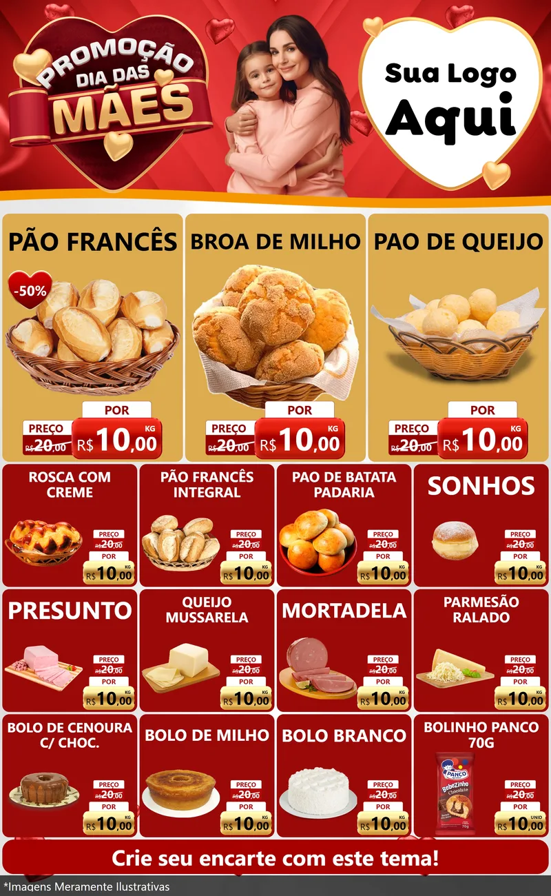 Modelo de Encarte para Encarte Grande com o tema Promoção Dia das Mães para Padaria