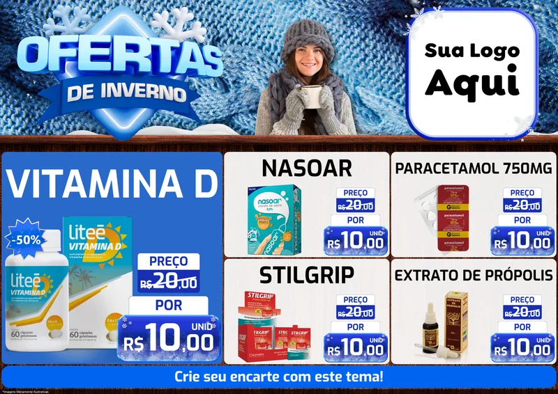 Modelo de Encarte para Encarte A4 Horizontal com o tema Ofertas de Inverno para Farmácia