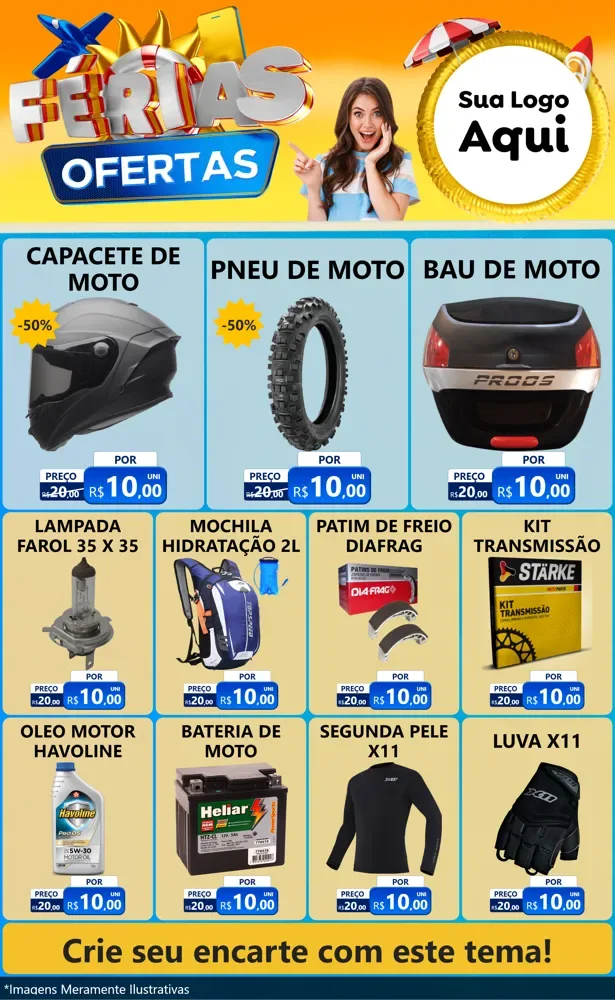 Modelo de Encarte para Encarte Grande com o tema Ofertas - Férias para Moto peças