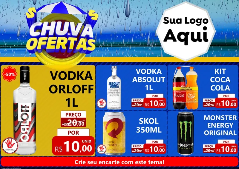 Modelo de Encarte para Encarte A4 Horizontal com o tema Chuva de Ofertas para Distribuidora de bebidas