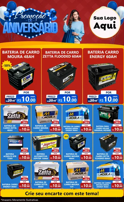 Modelo de Encarte para Encarte Grande com o tema Promoção de Aniversário para Baterias Elétricas
