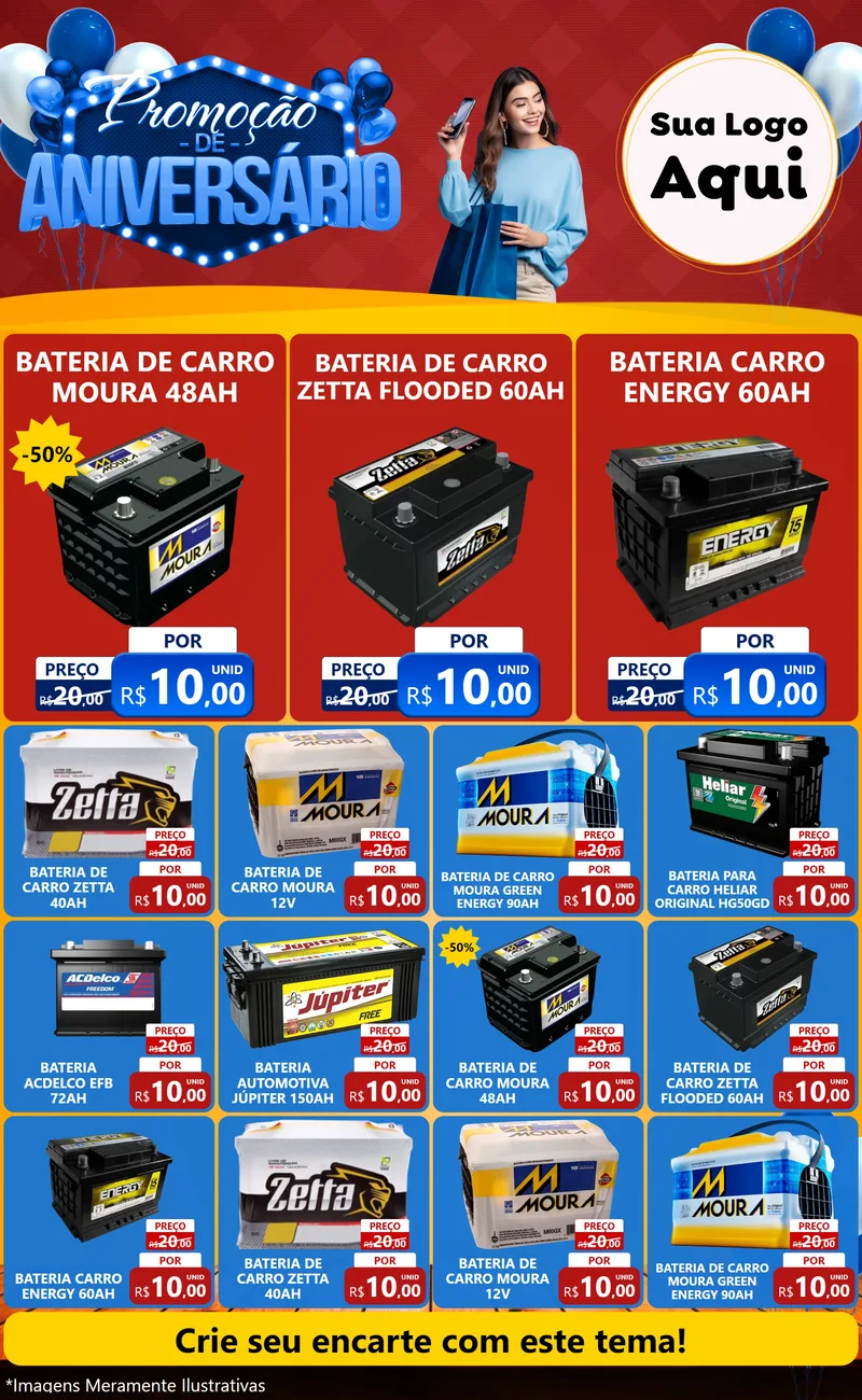 Modelo de Encarte para Encarte Grande com o tema Promoção de Aniversário para Baterias Elétricas