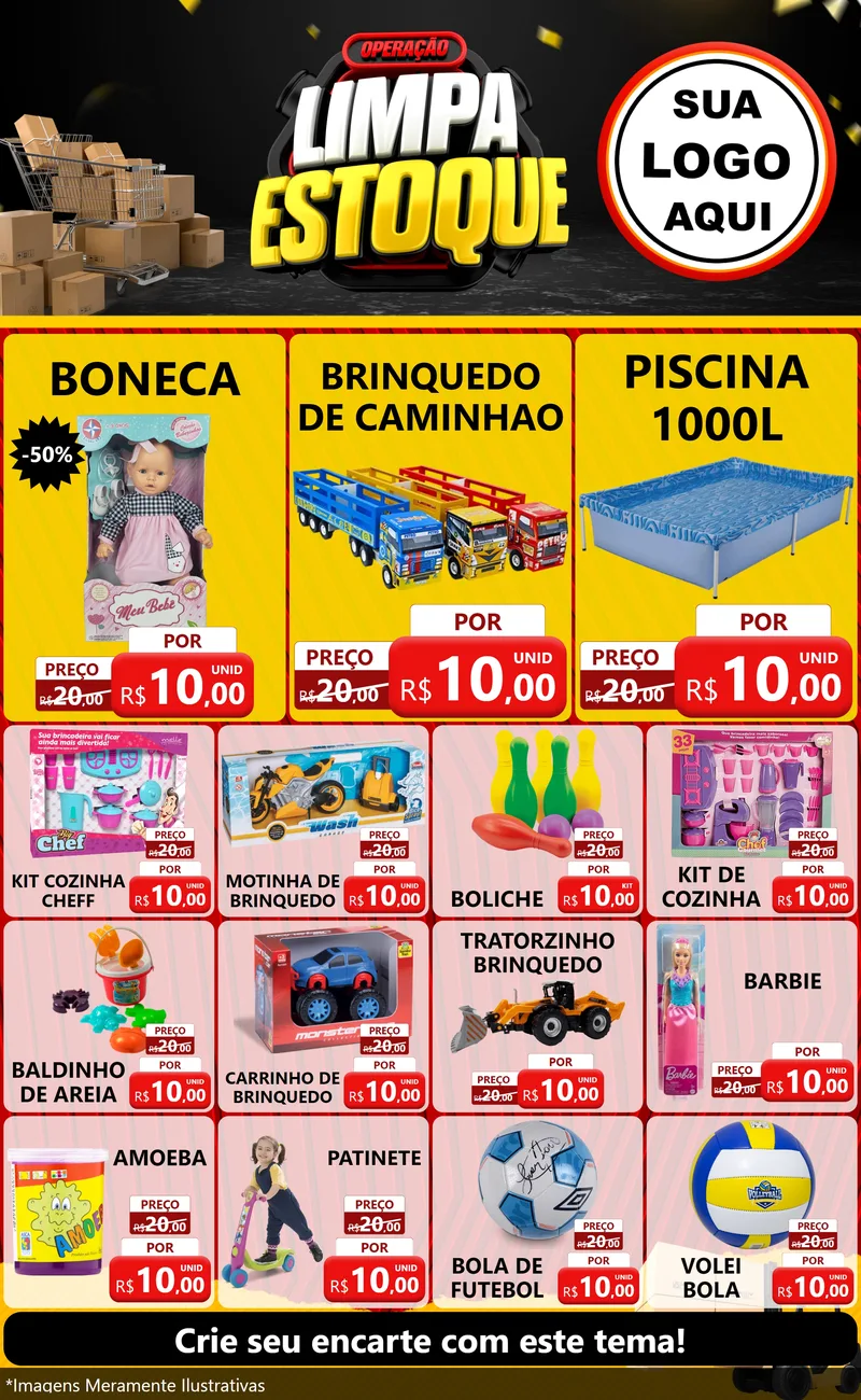 Modelo de Encarte para Encarte Grande com o tema Operação Limpa Estoque para Brinquedos