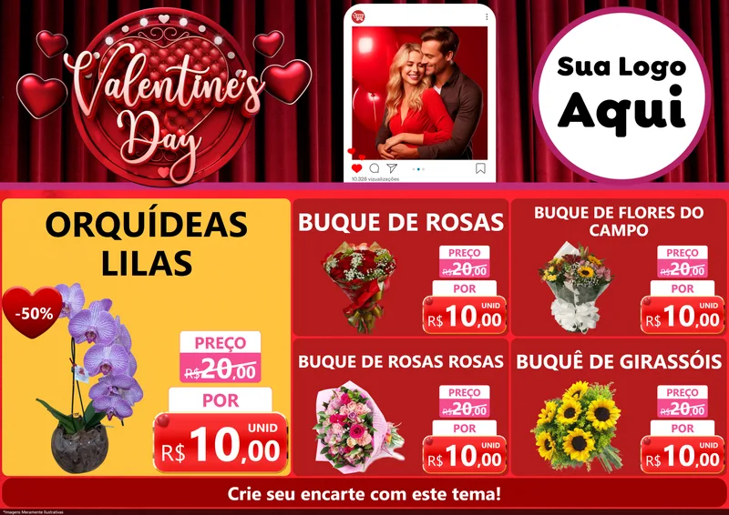 Modelo de Encarte para Encarte A4 Horizontal com o tema Valentine's Day para Floricultura e jardim