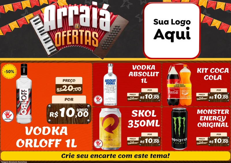 Modelo de Encarte para Encarte A4 Horizontal com o tema Arraiá de Ofertas - Junina para Distribuidora de bebidas
