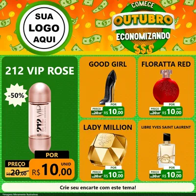 Modelo de Rede Social para Feed Facebook com o tema Comece Outubro Economizando para Perfumes