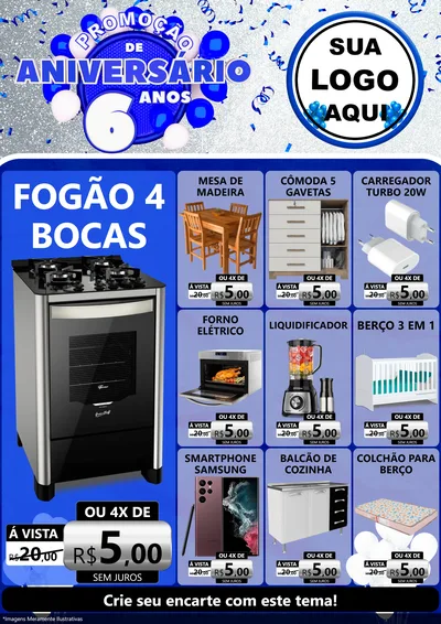 Modelo de Encarte para Encarte A4 Vertical com o tema Promoção de Aniversário - 6 Anos para Móveis e Eletro