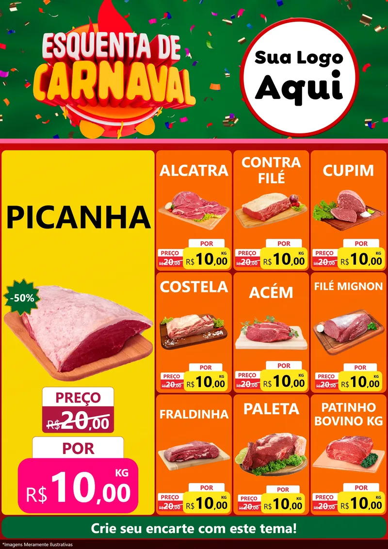 Modelo de Encarte para Encarte A4 Vertical com o tema Esquenta de Carnaval para Açougue