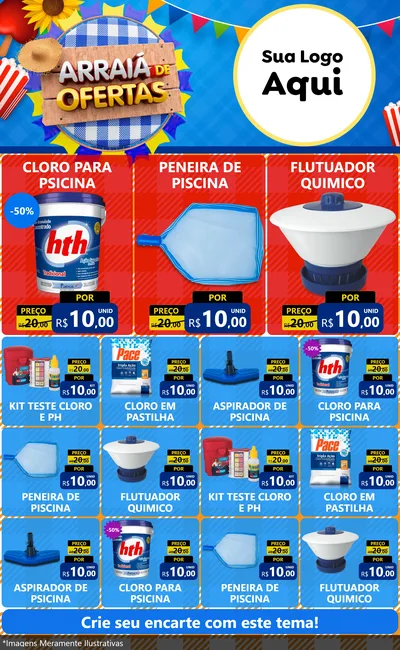 Modelo de Encarte para Encarte Grande com o tema Arraiá de Ofertas para Produtos para Piscina
