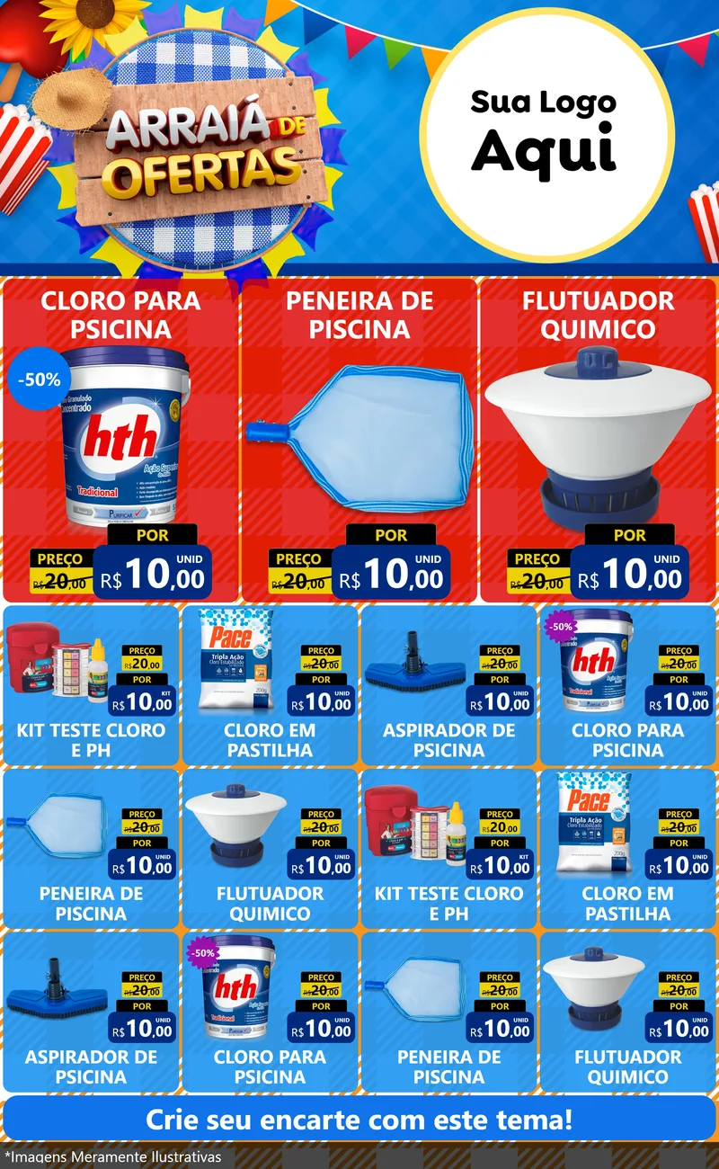Modelo de Encarte para Encarte Grande com o tema Arraiá de Ofertas para Produtos para Piscina
