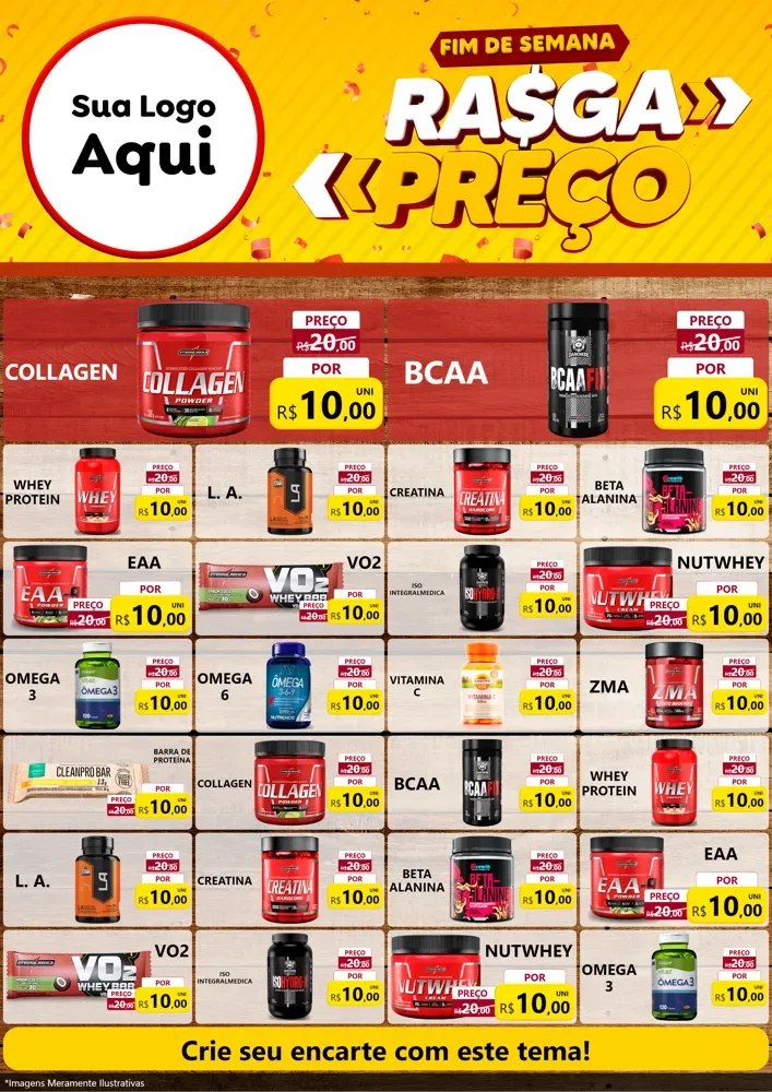Modelo de Encarte para Encarte A4 Vertical com o tema Fim de Semana Rasga Preços para Suplementos alimentares