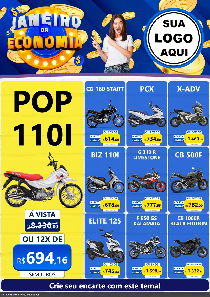 Modelo de Encarte para Encarte A4 Vertical com o tema Janeiro da Economia para Concessionaria de Motos