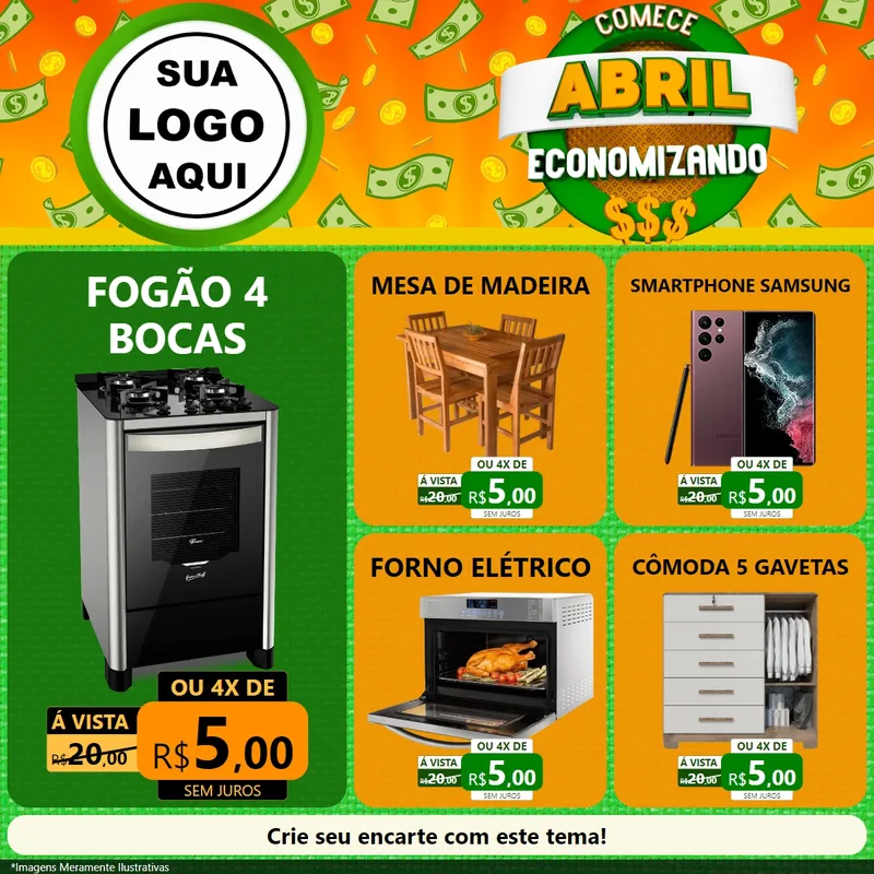 Modelo de Rede Social para Feed Facebook com o tema Comece Abril Economizando para Móveis e Eletro
