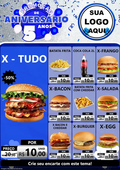 Modelo de Encarte para Encarte A4 Vertical com o tema Promoção de Aniversário - 5 Anos para Hamburgueria