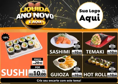Modelo de Encarte para Encarte A4 Horizontal com o tema Liquida Ano Novo É Aqui! para Comida japonesa