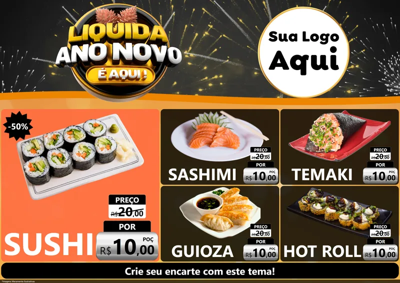 Modelo de Encarte para Encarte A4 Horizontal com o tema Liquida Ano Novo É Aqui! para Comida japonesa