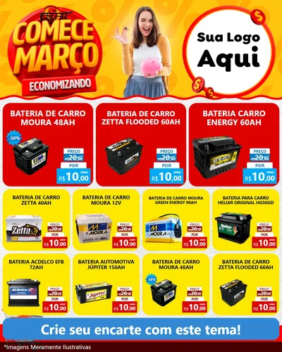 Modelo de Rede Social para Feed Instagram com o tema Comece Março Economizando para Baterias Elétricas