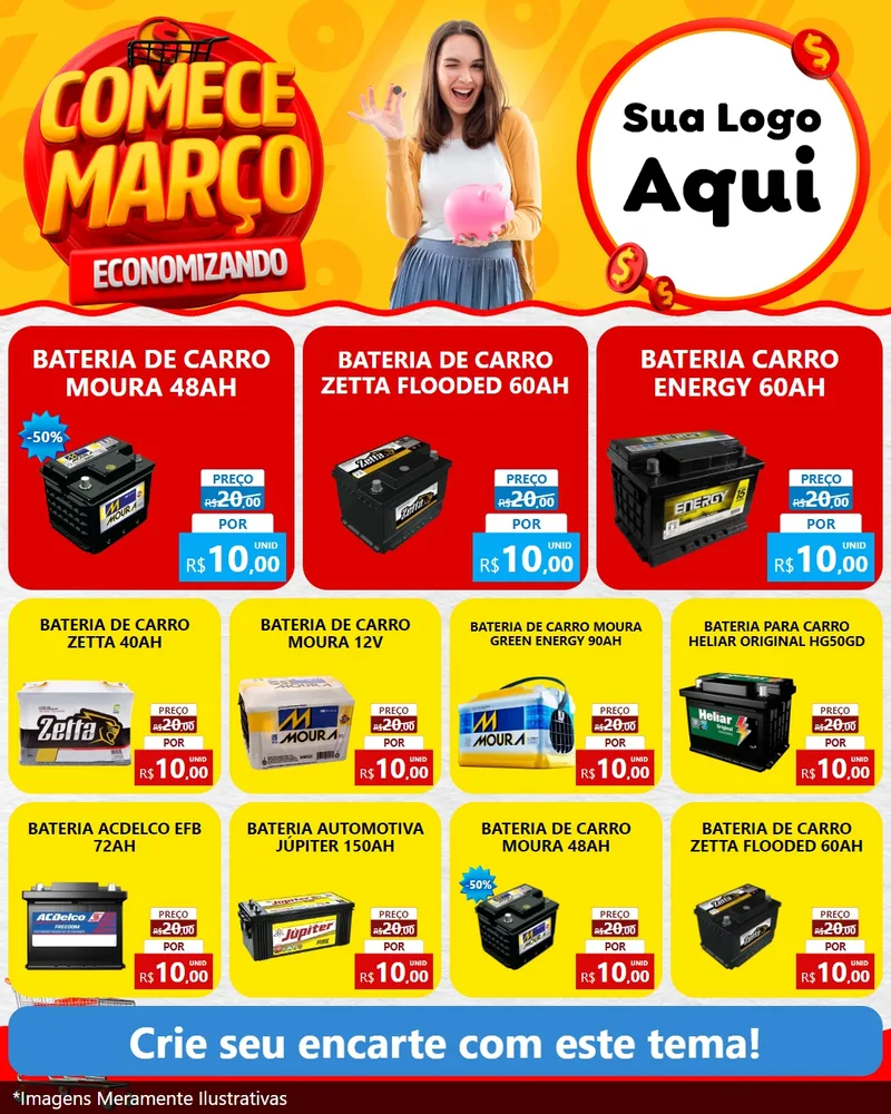 Modelo de Rede Social para Feed Instagram com o tema Comece Março Economizando para Baterias Elétricas