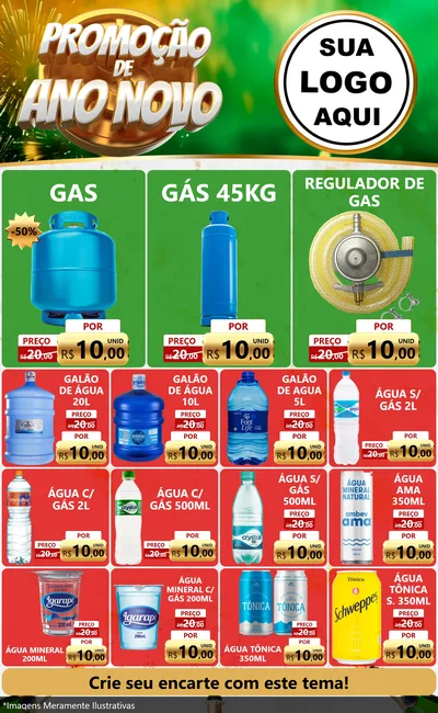 Modelo de Encarte para Encarte Grande com o tema Promoção de Ano Novo para Água e gás