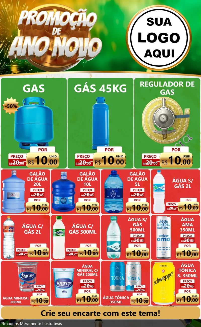 Modelo de Encarte para Encarte Grande com o tema Promoção de Ano Novo para Água e gás