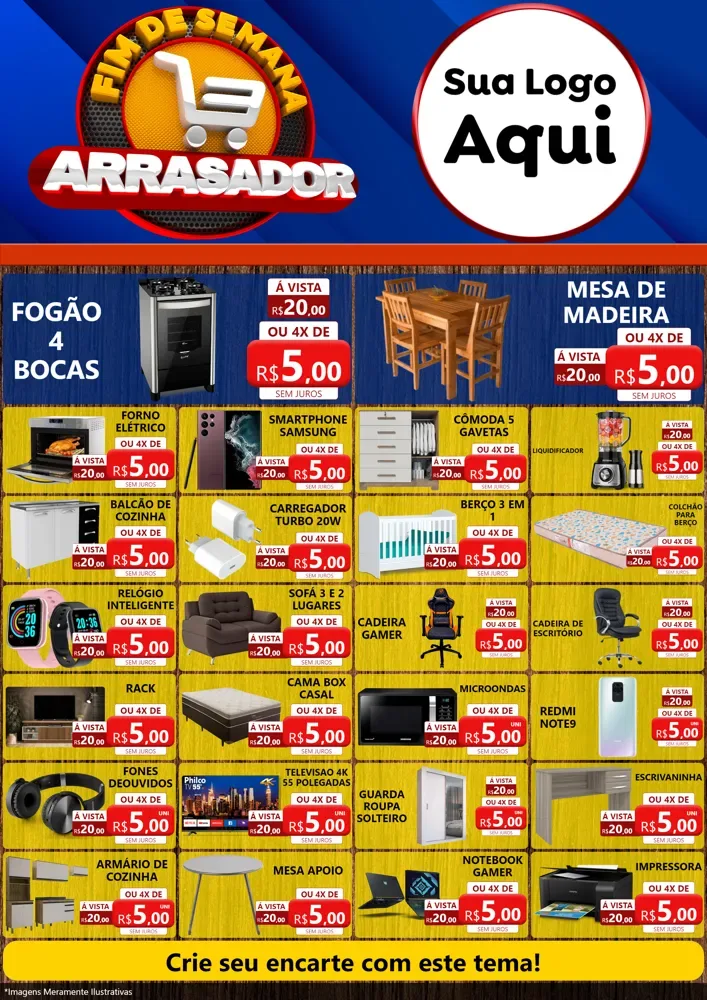 Modelo de Encarte para Encarte A4 Vertical com o tema Fim De Semana Arrasador para Móveis e Eletro