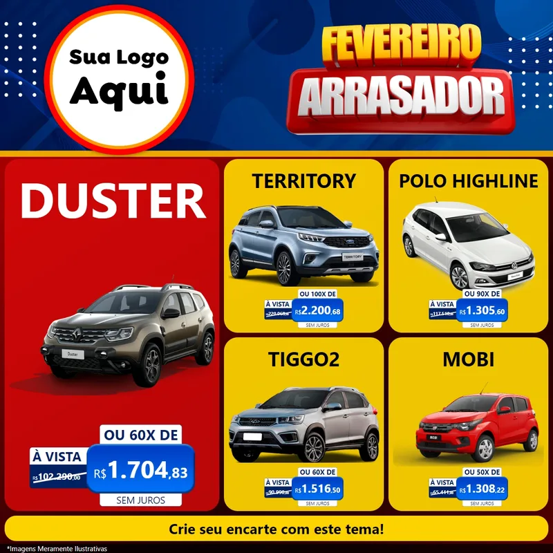 Modelo de Rede Social para Feed Facebook com o tema Fevereiro Arrasador para Concessionaria de Carros