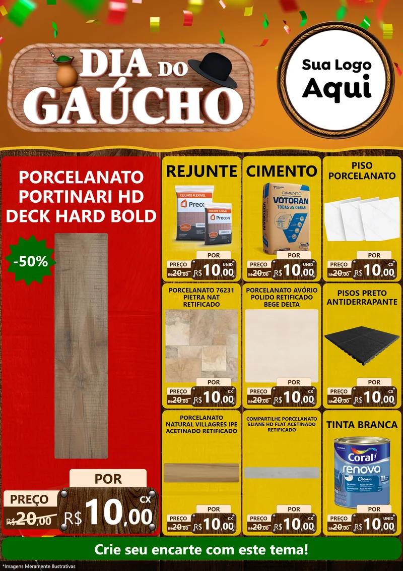 Modelo de Encarte para Encarte A4 Vertical com o tema Dia do Gaúcho para Pisos e revestimentos