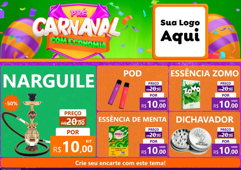 Modelo de Encarte para Encarte A4 Horizontal com o tema Pré-Carnaval Com Economia para Tabacaria