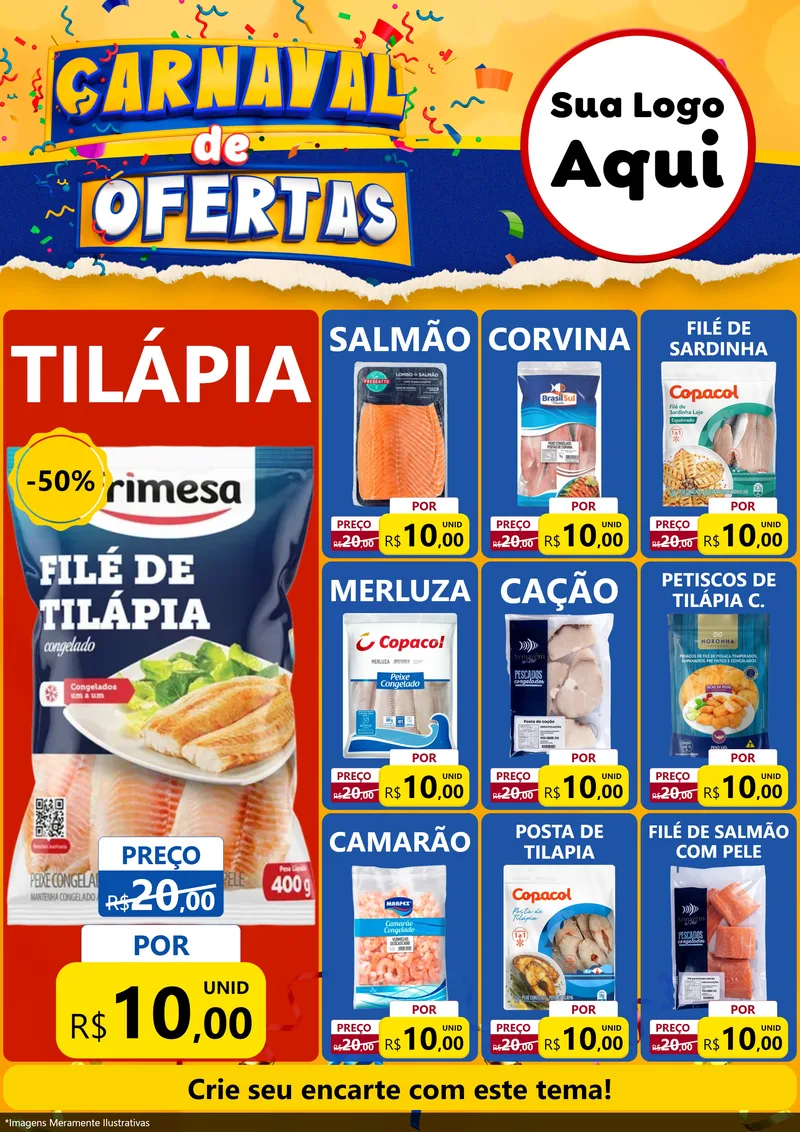 Modelo de Encarte para Encarte A4 Vertical com o tema Carnaval de Ofertas para Peixaria