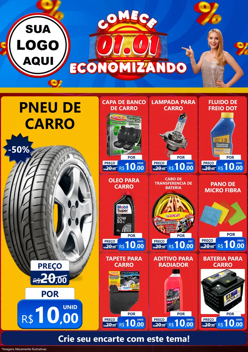 Modelo de Encarte para Encarte A4 Vertical com o tema Comece 1º de Janeiro Economizando para Auto peças