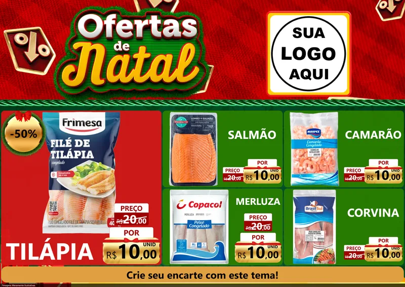 Modelo de Encarte para Encarte A4 Horizontal com o tema Ofertas de Natal para Peixaria