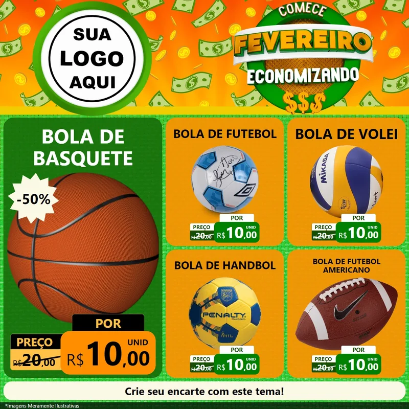 Modelo de Rede Social para Feed Facebook com o tema Comece Fevereiro Economizando para Artigos Esportivos