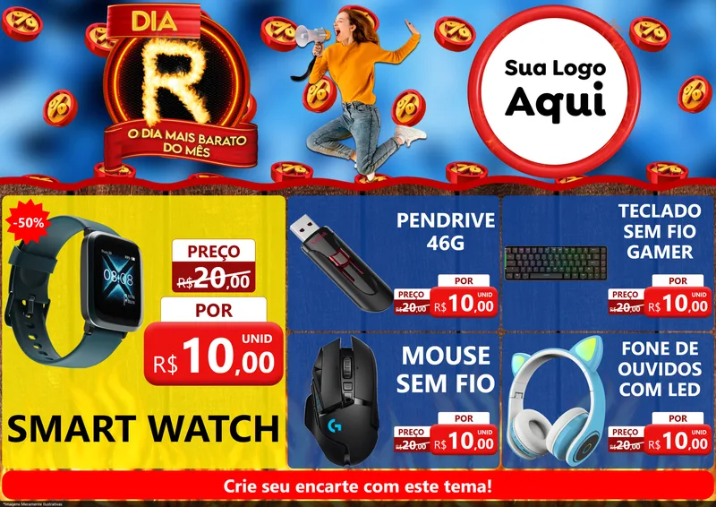 Modelo de Encarte para Encarte A4 Horizontal com o tema Dia R - O Dia Mais Barato Do Mês para Informática