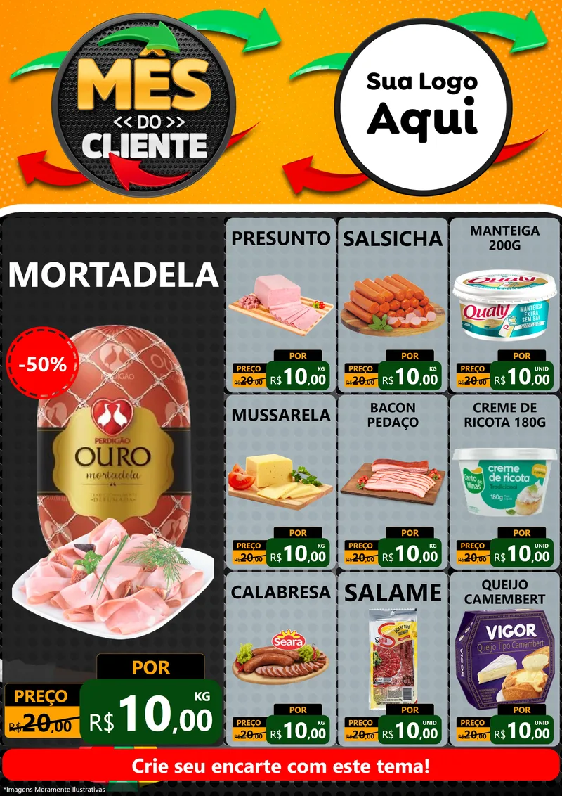 Modelo de Encarte para Encarte A4 Vertical com o tema Mês do Cliente para Frios e Laticínios