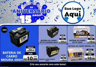 Modelo de Encarte para Encarte A4 Horizontal com o tema Promoção de Aniversário - 15 Anos para Baterias Elétricas