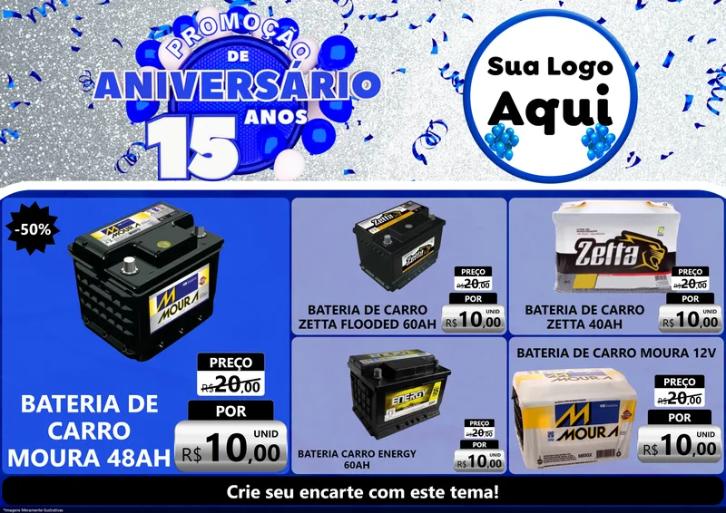 Modelo de Encarte para Encarte A4 Horizontal com o tema Promoção de Aniversário - 15 Anos para Baterias Elétricas