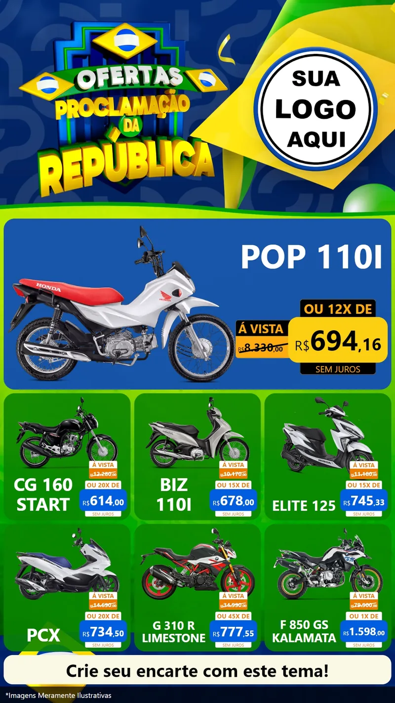 Modelo de Rede Social para Stories com o tema Ofertas Proclamação da República para Concessionaria de Motos