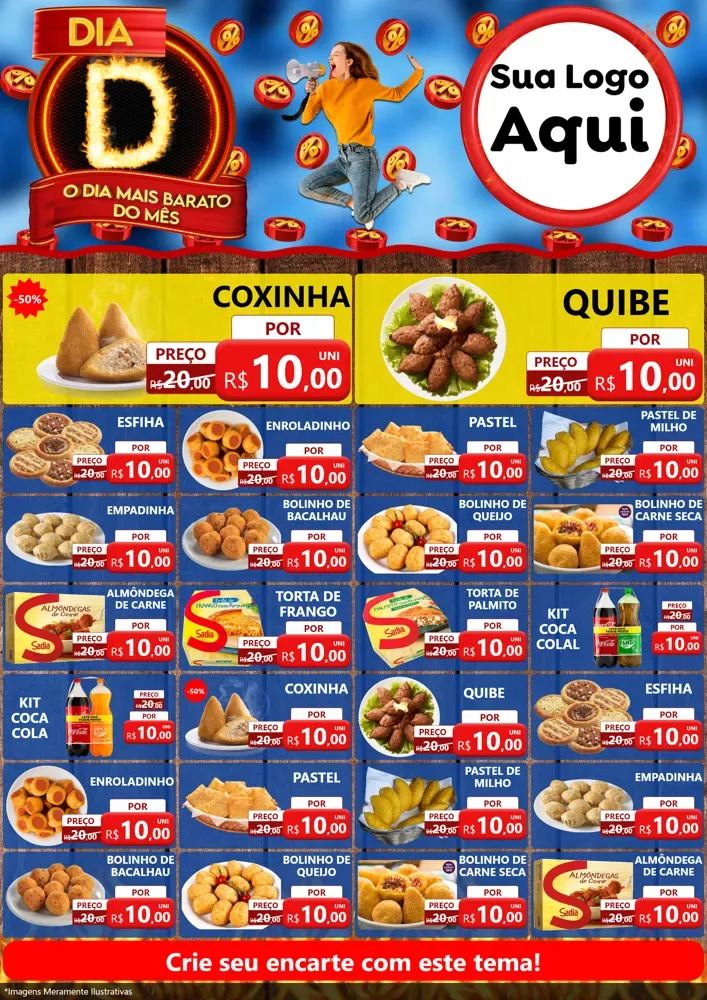 Modelo de Encarte para Encarte A4 Vertical com o tema Dia D - O Dia Mais Barato Do Mês para Salgadaria