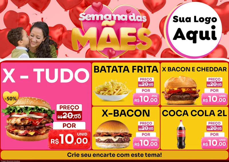 Modelo de Encarte para Encarte A4 Horizontal com o tema Semana Das Mães para Hamburgueria