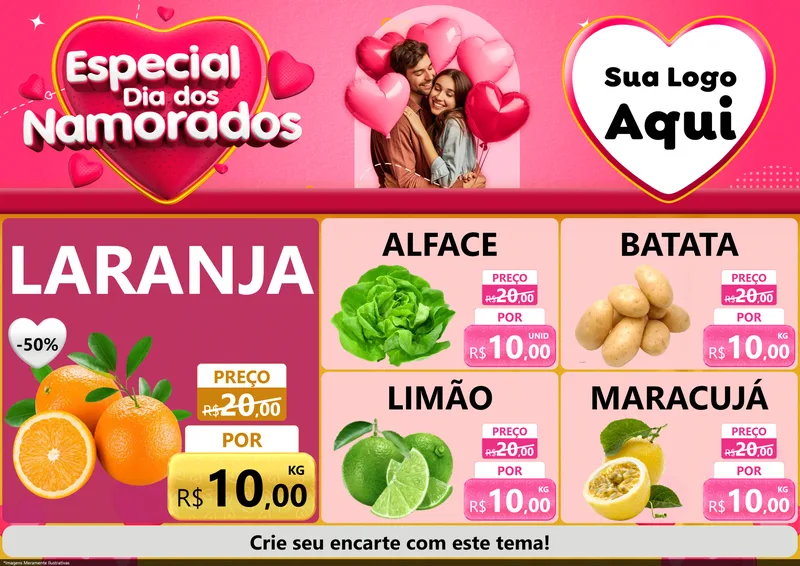 Modelo de Encarte para Encarte A4 Horizontal com o tema Especial Dia dos Namorados para Hortifrúti