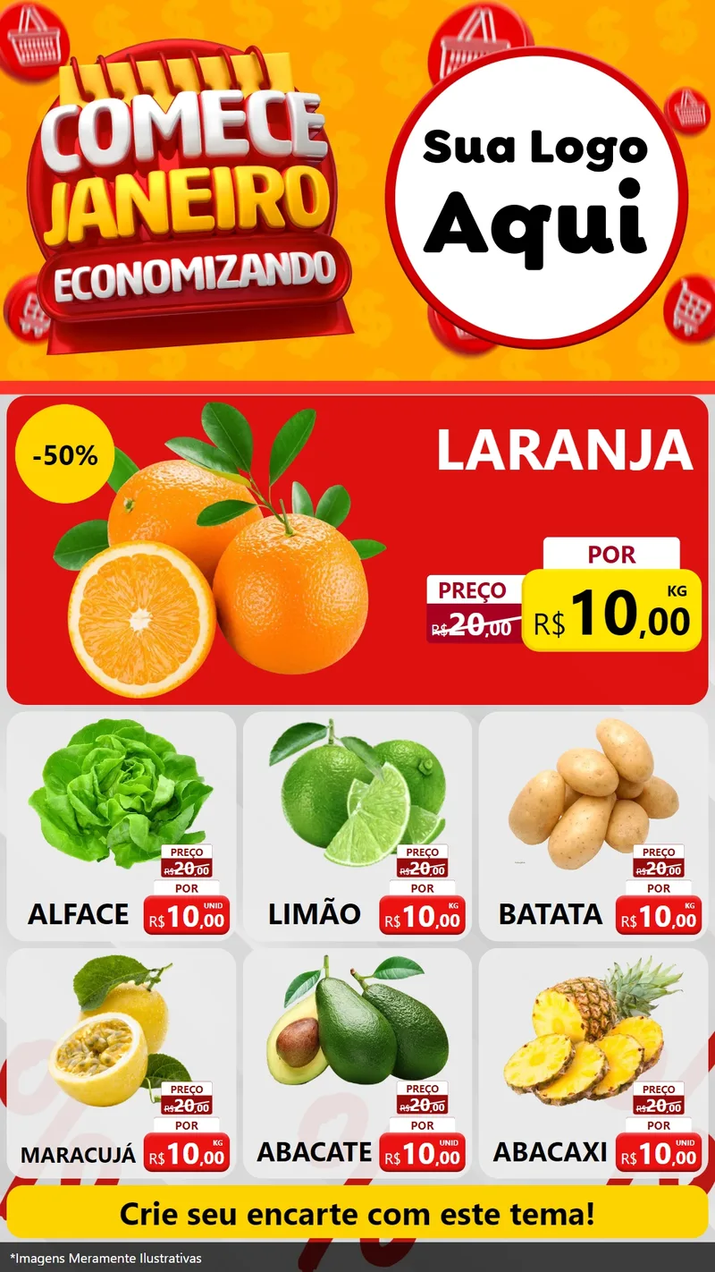 Modelo de Rede Social para Stories com o tema Comece Janeiro Economizando para Hortifrúti