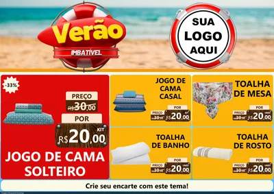 Modelo de Encarte para Encarte A4 Horizontal com o tema Verão Imbatível para Cama, Mesa e Banho
