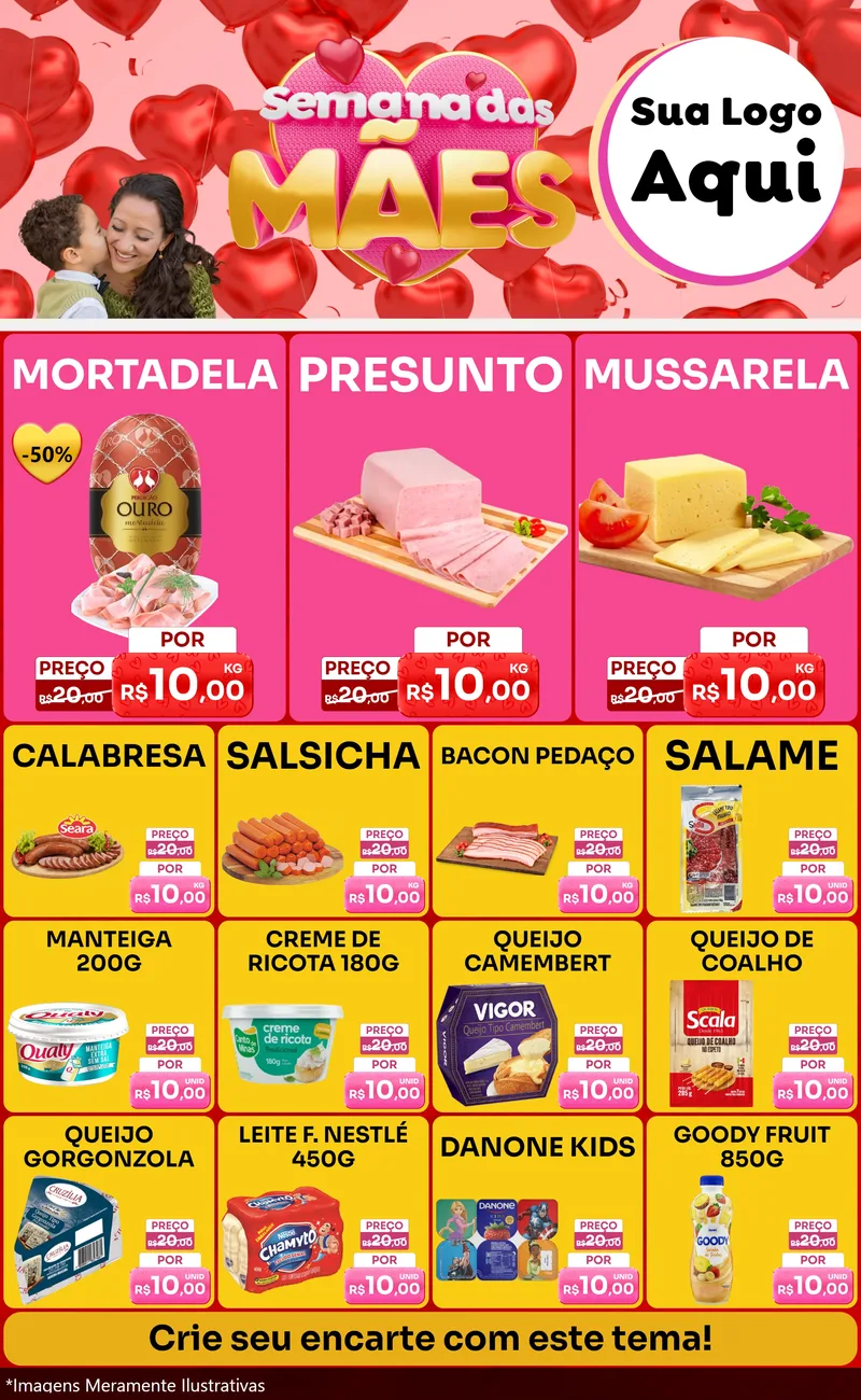 Modelo de Encarte para Encarte Grande com o tema Semana Das Mães para Frios e Laticínios