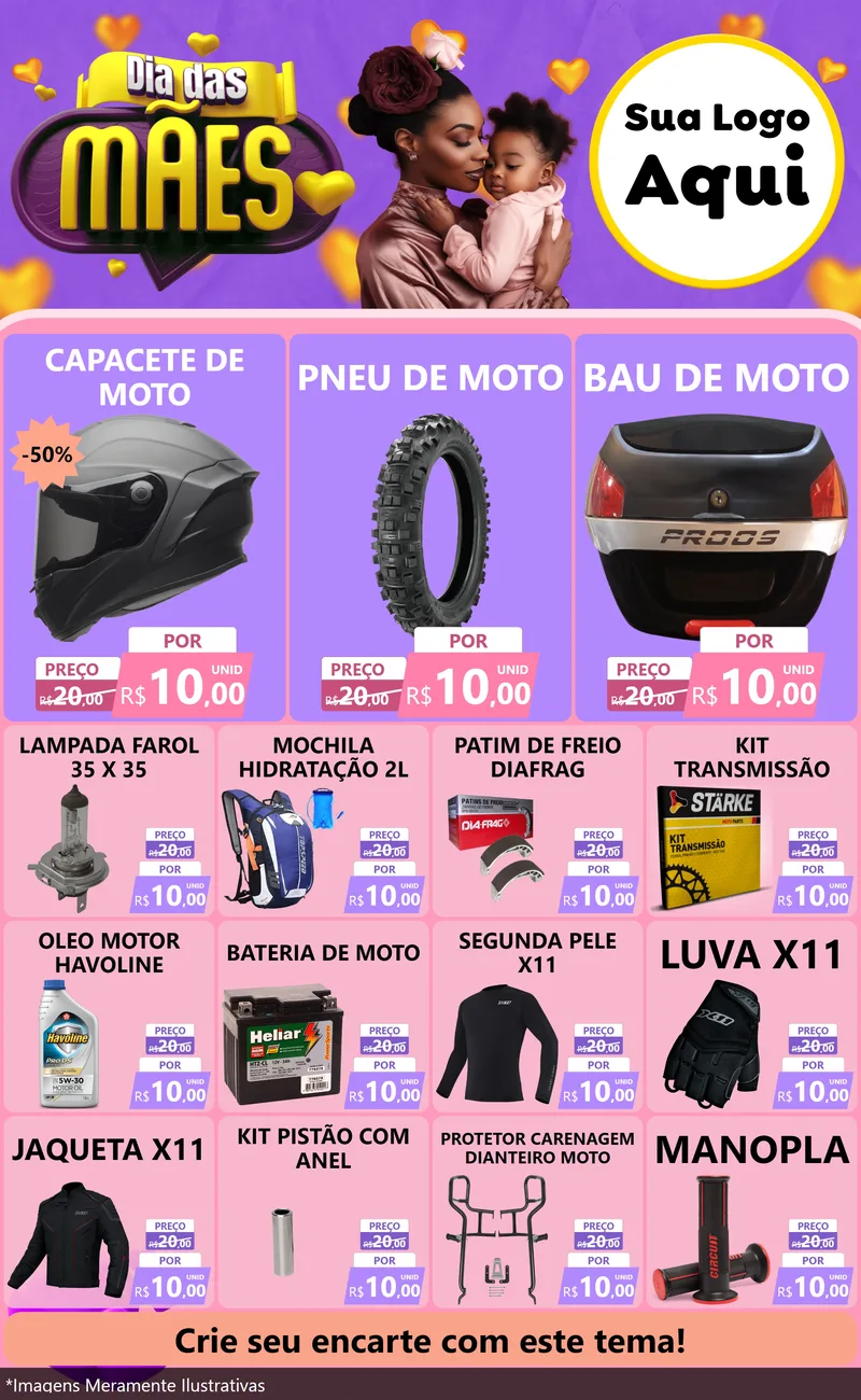 Modelo de Encarte para Encarte Grande com o tema Dia das Mães para Moto peças