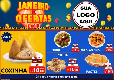 Modelo de Encarte para Encarte A4 Horizontal com o tema Janeiro de Ofertas É Aqui! para Salgadaria