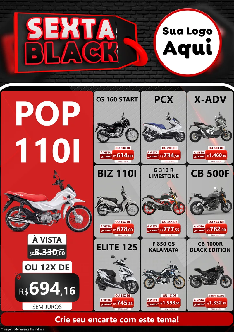 Modelo de Encarte para Encarte A4 Vertical com o tema Sexta Black para Concessionaria de Motos