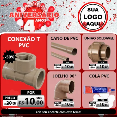 Modelo de Rede Social para Feed Facebook com o tema Promoção de Aniversário - 4 Anos para Tubos e conexões